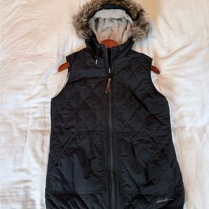 Eddie Bauer Black Quilted Vest with Faux Fur Trim